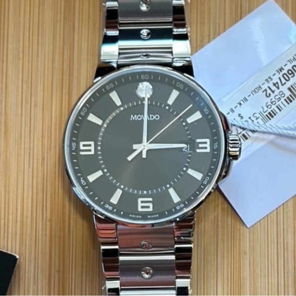 Movado Pilot Watch With 41mm Black Face & Silver Bracelet